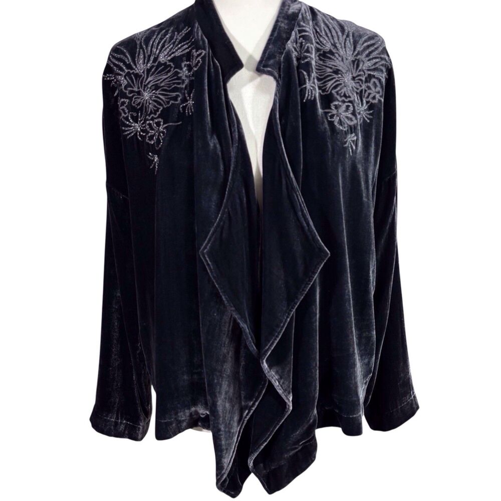 Wrap London Embroidered Cardigan Womens 6 Navy Blue Silk Blend Open Front Drape